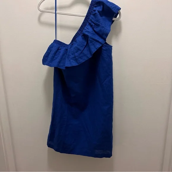 J. Crew Linen One Shoulder Blue Linen Dress. Size Medium
